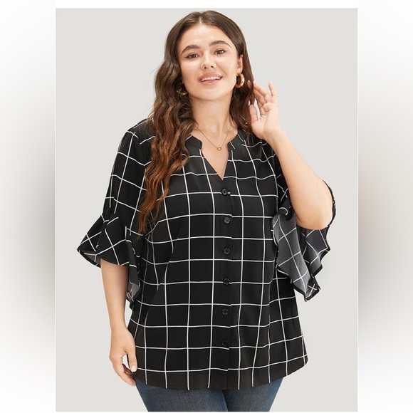 NWT Plaid Notched Button Up Ruffle Sleeve Split Hem Blouse size 26 - Picture 4 of 10